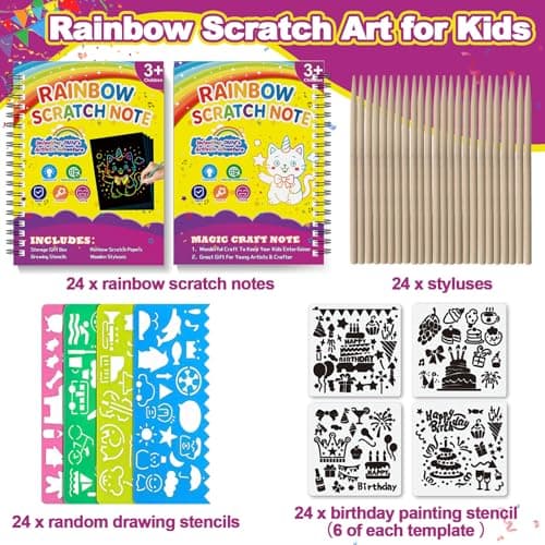 HXDOGSP Scratch Art for Kids: 24 Pack Rainbow Scratch Paper Party Favors - Art Crafts Notebook Suitable for Birthday Gifts/School Crafts Kit/Classroom Prizes for Girls and Boys Aged 4-12 - Thumbnail 2