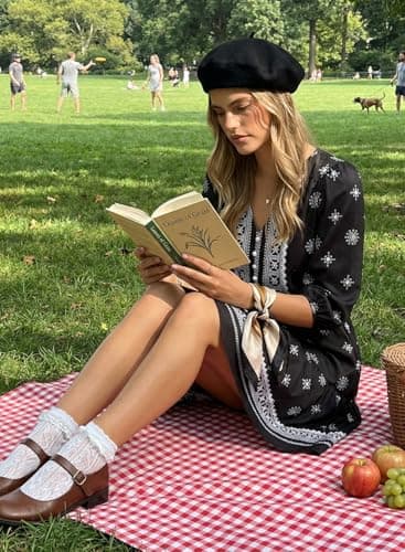 BLENCOT Women's Casual V Neck Button Down Dress Half Long Sleeve Boho Flowy A Line Mini Dress Floral Printed Summer Dresses Daily & Maternity Wear Black XL - Thumbnail 4