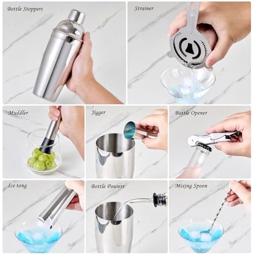 Cocktail Shaker Set Bartender Kit - 11 Pcs Bar Tool Set with Bamboo Stand & All Bar Accessories: Martini Shaker, Strainer,Jigger, Muddler, Mixer Spoon Barware Kit, for Bar, Home Lounge & Party - Thumbnail 6