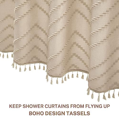 Siiluminisoy Extra Long Farmhouse Boho Chevron Shower Curtain, Woven Fabric 96 in Beige Shower Curtain, 72 x 96, Tufted Striped, Modern Chic Textured Shower Curtain Set Minimalist Bathroom Decor - Thumbnail 3
