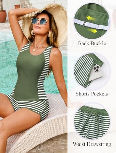 Arolina Bathing Suits for Women Two Piece Racerback Tankini Beach Loose Fit Swimming Swimsuit Boy Shorts Army Green Stripes 22W - Thumbnail 5
