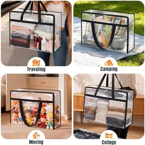 EdenDwell 4 Packs Clear Under Bed Storage Containers - 60 L Large Capacity Clothes Storage Bags with Lid & Sturdy Handles, Foldable Moving Bags, Clothing Organizer Totes for Bedding, Comforter, Sheet - Thumbnail 6