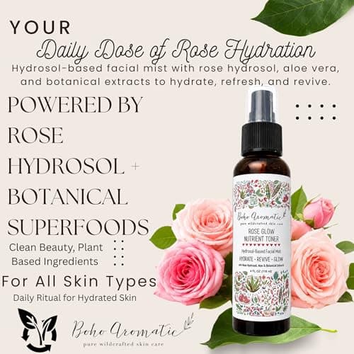 Boho Aromatic Rose Glow Nutrient Toner – Hydrosol-Based Facial Mist with Rose Hydrosol, Aloe Vera & Botanical Extracts – Hydrate, Revive & Glow – 4 fl oz - Thumbnail 2