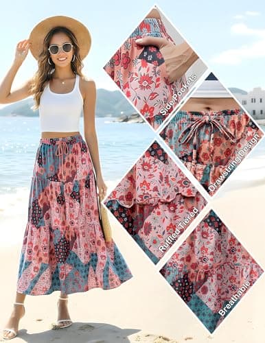 Aprolive Womens Summer Maxi Skirt Drawstring Elastic High Waist Skirt Tie Long Skirts A-Line Skirts Flower Boho Dress 2026 Clothes(1-B Multicolor,Large) - Thumbnail 6