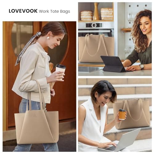 LOVEVOOK Laptop Tote for Women - 15.6 Inch Faux Leather Laptop Bag with Clutch, Large Capacity Office Purse Computer Briefcase for Casual Business Travel,Sandy - Thumbnail 2