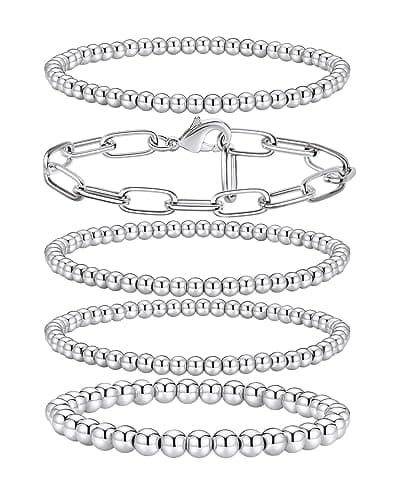 shownee Sliver Beaded Bracelet for Women 14K Gold Plated Bracelets Gold Stretch Bead Ball Bracelet Hypoallergenic Stackable Bracelet Set 6.8 inch Graduation Gift for Her Mothers Day Gifts for Mom - Image 1