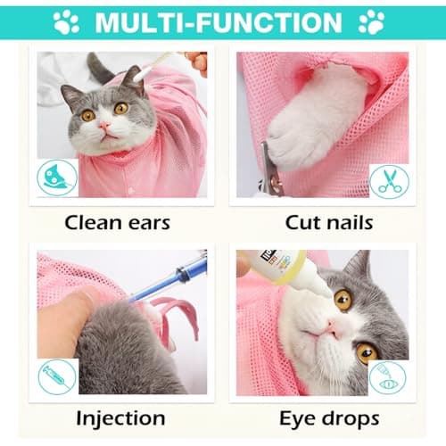 MINOCHI Cat Bathing Bag for Grooming, Pet Wash Bag with Adjustable Neck & Zipper, Anti Scratch Cat Shower Bag with Mesh Breathable, Portable Pet Restraint Bag for Bathing, Ear Cleaning (Pink) - Thumbnail 6
