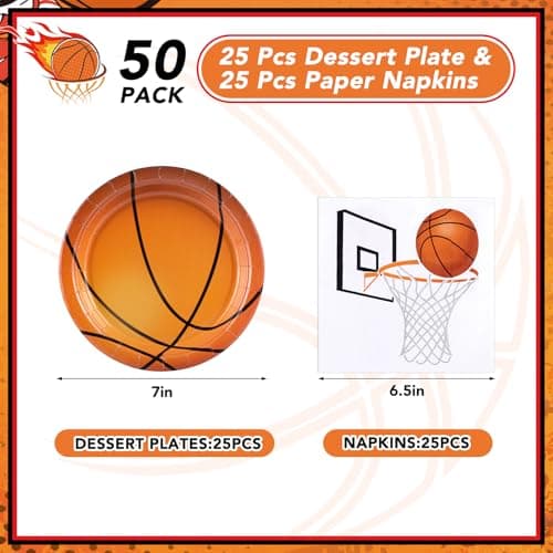 NatNarr 50 Pcs Basketball Plates and Napkins, 25 Guest Basketball Birthday Party Decorations Include 7 Inch Dessert Plates and 6.5 Inch Paper Napkins for Birthday Sports-Themed Gathering - Thumbnail 3