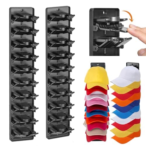 Accevo Spring Clip Hat Organizer Hold Storage 20 Caps for Baseball Caps (2-Pack), Hat Holder with Strong Adhesive and 8 Pack Screws, Hat Storage Display Holder for Closet Door and Wall