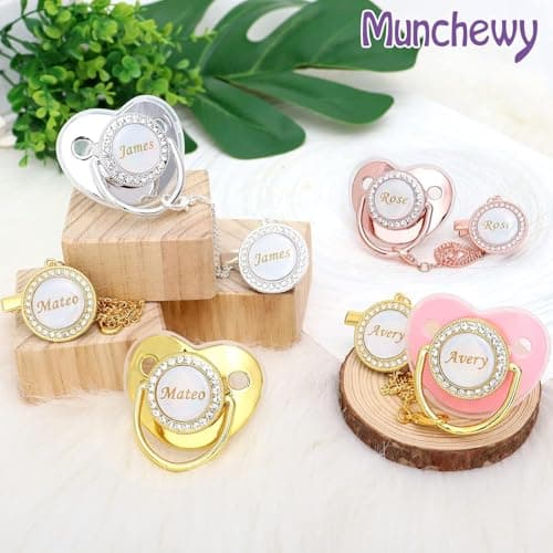 Custom Pacifier with Name, Bling Personalized Pacifier Clip Set with Gift Box Greeting Card, Glitter Crystal Luxurious Soother Dummy Ideal Gift for Girls Baby Shower Newborn Photography(Pink) - Thumbnail 6