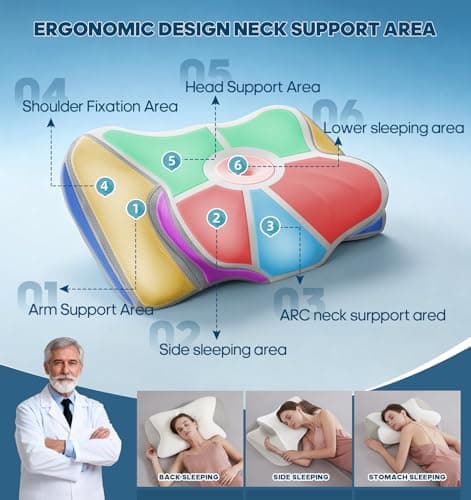Neck Support Pillow for Sleeping, Contour Memory Foam Pillows for Neck Pain, Ergonomic Orthopedic Cervical Pillow for Side Back Stomach Sleeper, Cooling Ice Silk Cover, White & Grey - Thumbnail 3