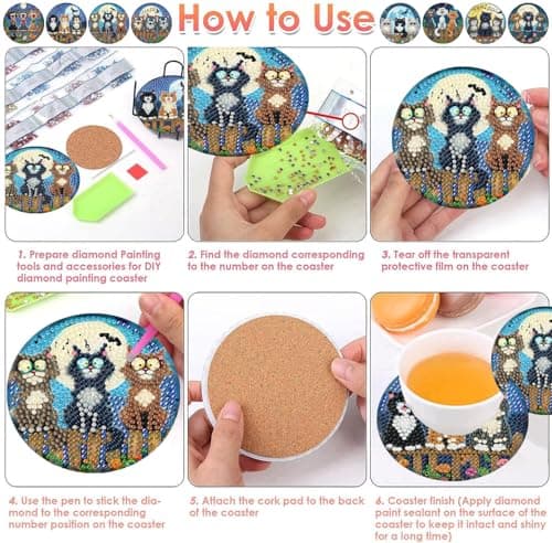 ijbnhd Cat Diamond Painting Coasters Kits, 8 Pieces Cat Diamond Art Coasters with Holder, DIY Art kit for Beginners 4X4inch (Cork Wooden Pad) - Thumbnail 6