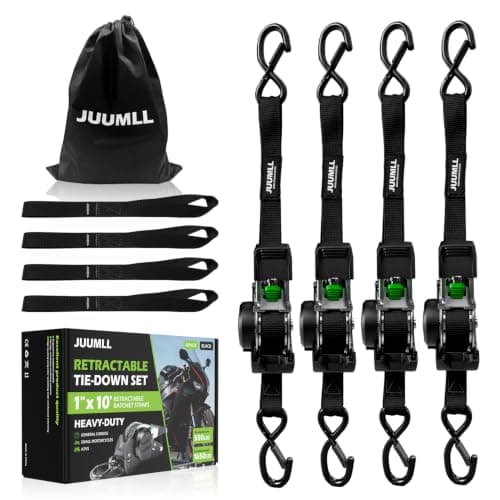 JUUMLL Retractable Ratchet Straps (4-Pack) 1” x 10ft - 1,650lb Break Strength, Heavy-Duty Auto Retracting Tie Down Straps for Cargo, Motorcycle, ATV, UTV, Kayak & Transport (Black) - Image 1