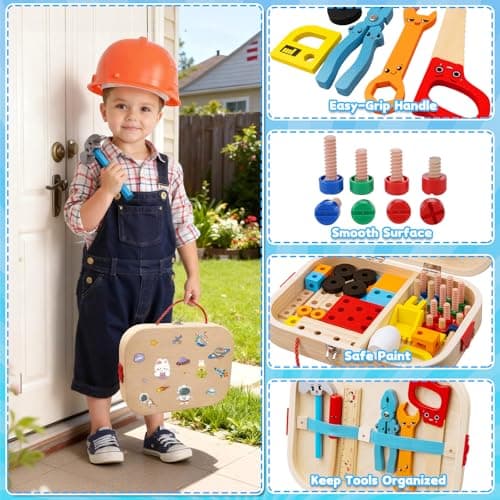 Kids Tool Set Toy for Boys - Educational Montessori Wooden Toddler Play Tool Box with Electric Drill - 59 Pcs STEM Construction Building Toys Christmas Birthday Gifts for 3 4 5 6 Year Old Boys Girls - Thumbnail 5