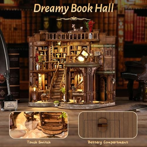 Havefunfun Dreamy Book Hall Book Nook Kit – DIY Miniature Dollhouse 3D Wooden Puzzle, Multi-Layer Vintage Library with LED Warm Light, Premium Imported Wood Bookends, Creative Gift for Adults & Teens - Thumbnail 6