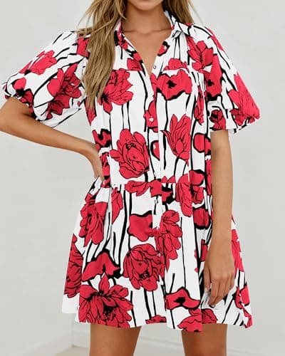PRETTYGARDEN Womens Summer Dresses 2026 Casual Puff Sleeve Button Down Mini Shirt Dress Boho Floral Babydoll Sun Dress(Red,X-Large) - Thumbnail 3