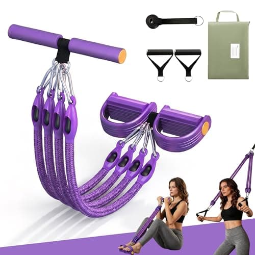 Buyborgood Upgrade Pedal Resistance Band, Multifunction Home Gym Workout Equipment with 4x25lbs Tubes for Sit Up & Arm Exercise, Purple - Image 1