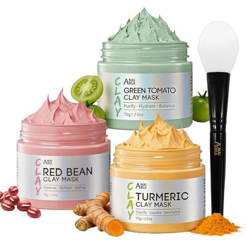 ANAI RUI 3 Pcs Pore Cleansing Face Mask Set Green Tomato Clay Mask - Turmeric Vitamin C Facial Mask Red Bean Refreshing Pore Mask, Relaxing Spa Gift Set Self Care for Women/Teens Girls 2.5 oz each - Image 1