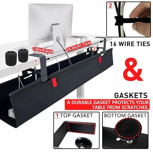 AHOMO Under Desk Cable Management No Drill – 36" L x 6" W Cord Organizer, Upgraded Silicone Pads (No Scratch), 16 Cable Slots, Washable PE Honeycomb Base, Fits Desks 0–2.1" Thick, Black - Thumbnail 2