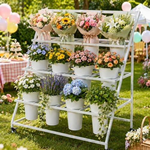 Qidejoy Flower Bar Display Stand with 12 Buckets & Wheels, Bouquet Bar - Thumbnail 2