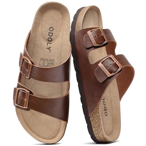 ODOLY Men's Cork Footbed Slide Sandal, Arch Support Summer Outdoor Sandals with Adjustable Buckle for Men, Rust Brown Oily EU47 / US12.5-13 - Image 1