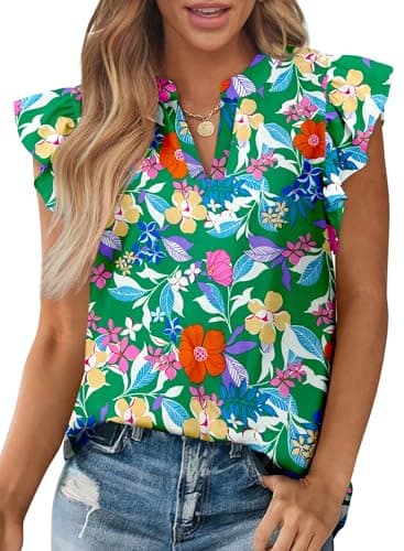 Zenlonr Womens Dressy Casual Tops 2026 Summer Ruffle Cap Sleeve V Neck Shirts Boho Floral Blouses Vacation Outfits(Green Orange Flower,XX-Large) - Image 1