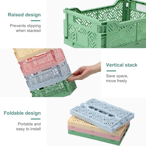 6 Pack Small Pastel Plastic Storage Baskets,Mini Collapsible Storage Bins for Desk Drawer Organizer,Colorful Folding Crates for Craft Supplies,Space Saving Containers for Home Office Dorm(8.6×5.8×3.5) - Thumbnail 5