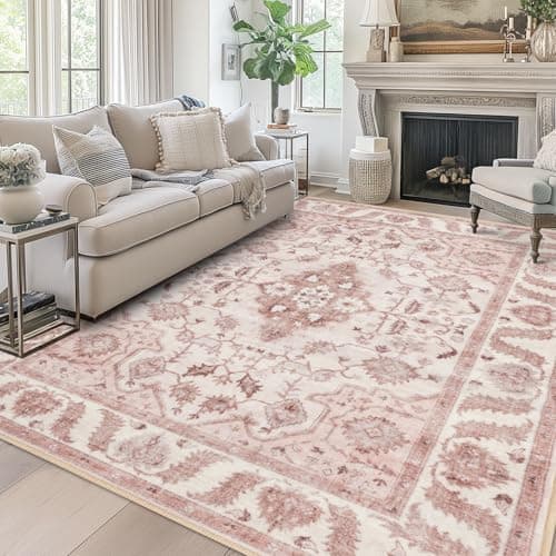 Area Rug 9x12 for Living Room Soft Machine Washable Low Pile Area Rugs Vintage Boho Bedroom,Dinner Room Non-Slip Carpet Rug- Light Pink - Image 1