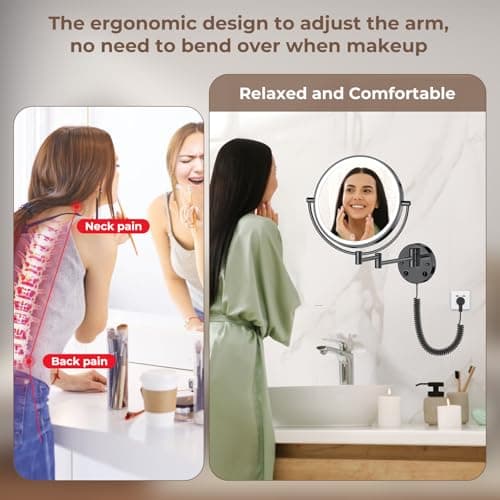 Rocollos 9" Plug-in Wall Mounted Lighted Makeup Mirror 1X/10X Magnification, Super Large Double Sided LED Vanity Mirror for Bathroom (Black) - Thumbnail 6