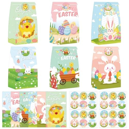 ZQDQIUQIU Easter Treat Bags,24 PCS Small Easter Gift Bags with 24 PCS Easter Stickers,Easter Goodie Bags Candy Wrapping Bag for Classroom Holiday Party Favors Supplies - Image 1