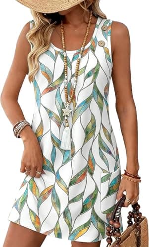 WEESO Hawaiian Dresses for Women Flowy Crew Neck Sleeveless Casual Dress Beach Sundresses with Pockets Floral Leaf XL - Image 1