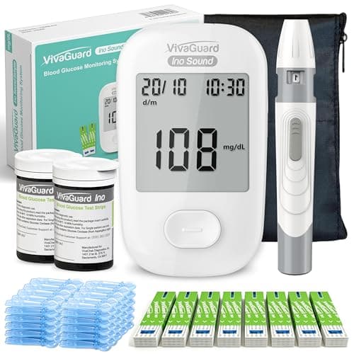VivaGuard Talking Blood Glucose Monitor Kit, 100 Glucometer Strips & 100 Lancets, 1 Blood Sugar Monitor, 1 Lancing Device, Diabetes Testing Kit for Seniors and Home Use with Travel Case, No Coding - Image 1