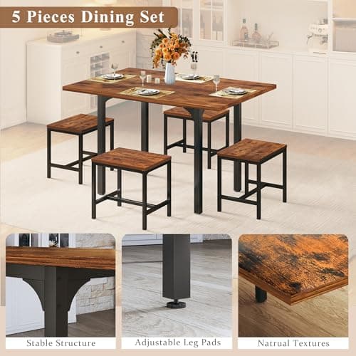 HUAHUU Dining Table Set for 4, Extendable Kitchen Table Chairs Set of 4, Rectangle Dining Table with Metal Frame & MDF Board, Folding for Small Apartment Saving Space, Rustic Brown - Thumbnail 6