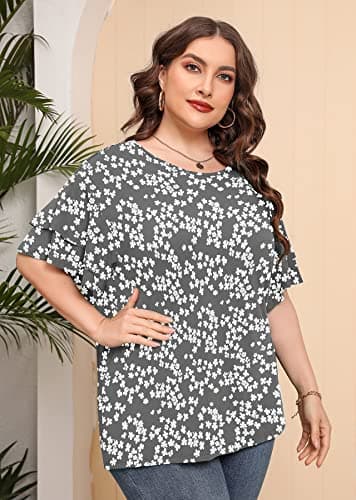 AusLook Plus Size Casual Tops For Women Grey Sakura 5X Tunic Double Ruffle Short Sleeve Blouses Crewneck Clothing Tee Ladies Clothes Flowy Dressy Casual Loose Fit Outfits Maternity Summer Clothes - Thumbnail 2