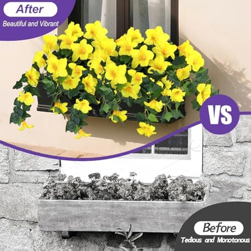 BSMYBO 2Pcs Artificial Hanging Flowers for Outdoors, Fake Outdoor Flowers Faux Petunias Silk Flowers for Outdoor planters UV Resistant for Home Garden Balcony Yard Porch Patio Decor (Yellow) - Thumbnail 3