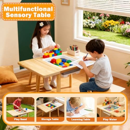 TTSZNB Wooden Activity Table with a Flip-Adjustable Desktop, Indoor/Outdoor Play Sand and Water, Multi-Functional Desk for Drawing Studying Dining - Thumbnail 3