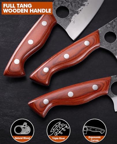 3PCS Hand Forged Butcher Knifes Set Razor Sharp Serbian Chef Knife Meat Cleaver Boning Knife Kitchen Set for Meat Cutting Cooking BBQ Gift for Men Women - Thumbnail 6