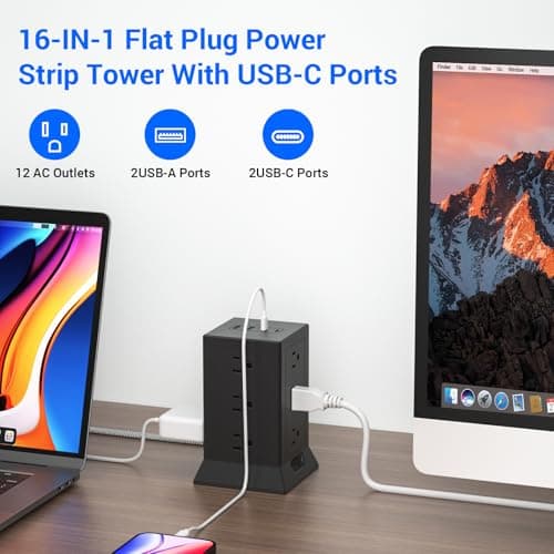 Power Strip Tower with Multiple Outlets, 10 Ft Extension Cord Flat Plug with 12 AC Outlets 4 USB Ports (2 USB C), Power Tower Surge Protector with Individual Switches for Home Office Dorm Room, Black - Thumbnail 2