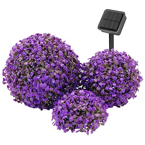 hvfun Purple Solar Garden Lights Outdoor, 3 Pack Artificial Boxwood Half Spheres with Warm LED Lights, 10/8/7 Inch Connected Faux Topiary Domes, Solar Yard Decor for Patio Porch Garden Beds