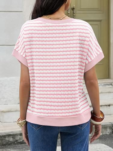 Tankaneo Womens Oversized V Neck Striped Sweaters Cap Short Sleeve Color Block Pullover Tops Trendy Casual Knit Shirts Light Pink - Thumbnail 5