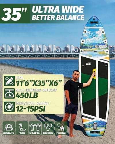 ESUP 11’6 ×34" Wide Inflatable Paddle Board with SUP Accessories, Extra Stable Stand Up Paddleboard for 2+1 Persons/Family/Beginner/Yoga, w/Shoulder Strap All-Round Sup Paddle Boarding (Greenery) - Thumbnail 6