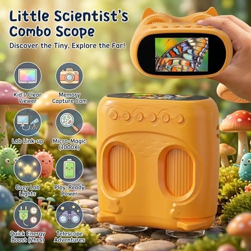 OAEBLLE 2-in-1 Kids Microscope and Telescope, 1000X Handheld Digital Microscope for Kids, 2.0" Screen, 8 LEDs, 10X Pocket Telescope for Outdoor, 1080P Camera STEM Toys Gift for Boys Girls 4-12, Yellow - Thumbnail 2