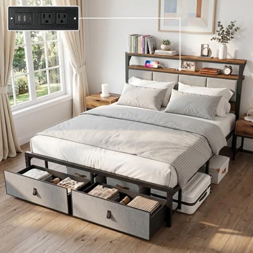 BOVONO Queen Bed Frame with 2 Storage Drawers and Charging Station, Bed Frames with Upholstered Headboard, Metal Platform Bed with 2-Tier Open Shelves, No Box Spring Needed, No-Noise, Grey, Gift - Image 1