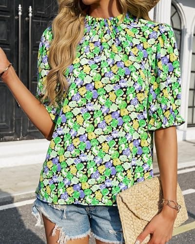BTFBM Womens Tops 2026 Dressy Casual Blouses Summer Spring Clothes Mock Neck Short Sleeve Shirts Business Work Fall Outfits(Floral Green Black, Small) - Thumbnail 2