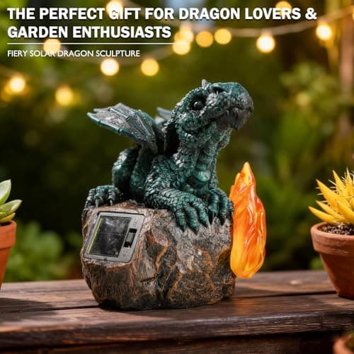 U WONDERFUL Solar Dragon Garden Decor, Porch Dragon Statue with Fiery Light - 6.8 inch Lawn Ornaments, Outdoor Decorative Art Gift for Patio, Yard, Backyard, Porch - Thumbnail 3