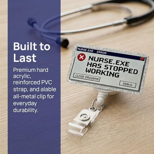 Retractable Badge Reel with Alligator Clip, Heavy Duty, Cute Funny ID Name Tag Holder for Nurses, Doctors, Teachers, and Office (Silver-Nurse.exe) - Thumbnail 3