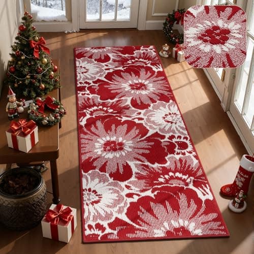 Findosom Christmas Runner Rug 2x6, Non Slip High-Low Textured Floral Washable Runner Rug with Rubber Backing, Boho Carpet Runners for Hallway, Kitchen, Entryway, Bedroom, Laundry & Holiday Decor, Red - Image 1