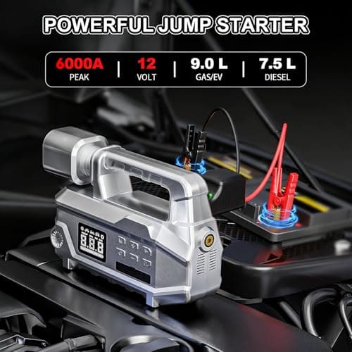 Car Jump Starter with Air Compressor & 950LM LED Light, 6000A 150PSI Peak Portable Jumper Pack, 12V Jump Box Combo with Jumper Cables, Auto-Shutoff Tire Inflator (Up to 9L Gas/7.5L Diesel) - Thumbnail 2