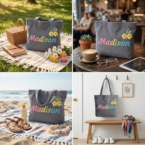 Personalized corduroy handbag, casual shoulder bag with custom name/letter patterns. Durable cotton travel bag, ideal gift for bridesmaids, teachers, and for Christmas, birthdays or honeymoons. - Thumbnail 4