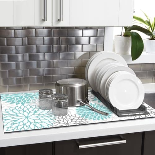 Findosom 2PCS 17" x 32" Dish Drying Mat & 24" x 5.5" Sink Splash Guard, Super Absorbent & Cuttable Dish Mat Drying Kitchen Mat with Teal Floral, Hide Stain Drying Mat for Kitchen Counter - Thumbnail 6